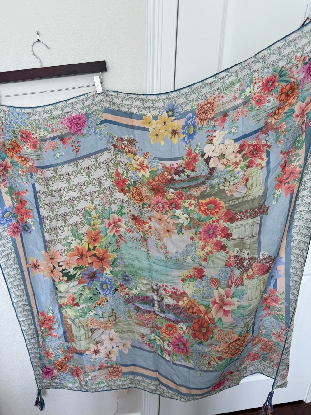 Johnny Was Floral 100% Silk Scarf with Tassels